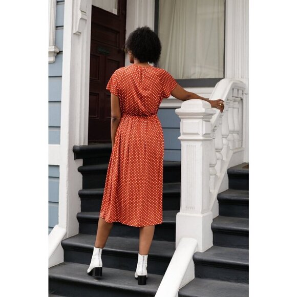 💕STINE GOYA💕 Caitlin Midi Dress ~ Rust Orange Polka Dot Print Medium - Picture 4 of 16